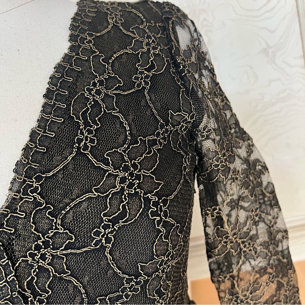 DKNY Metallic Lace Overlay V-Neck Dress With Sheer Sleeves - Picture 7 of 16